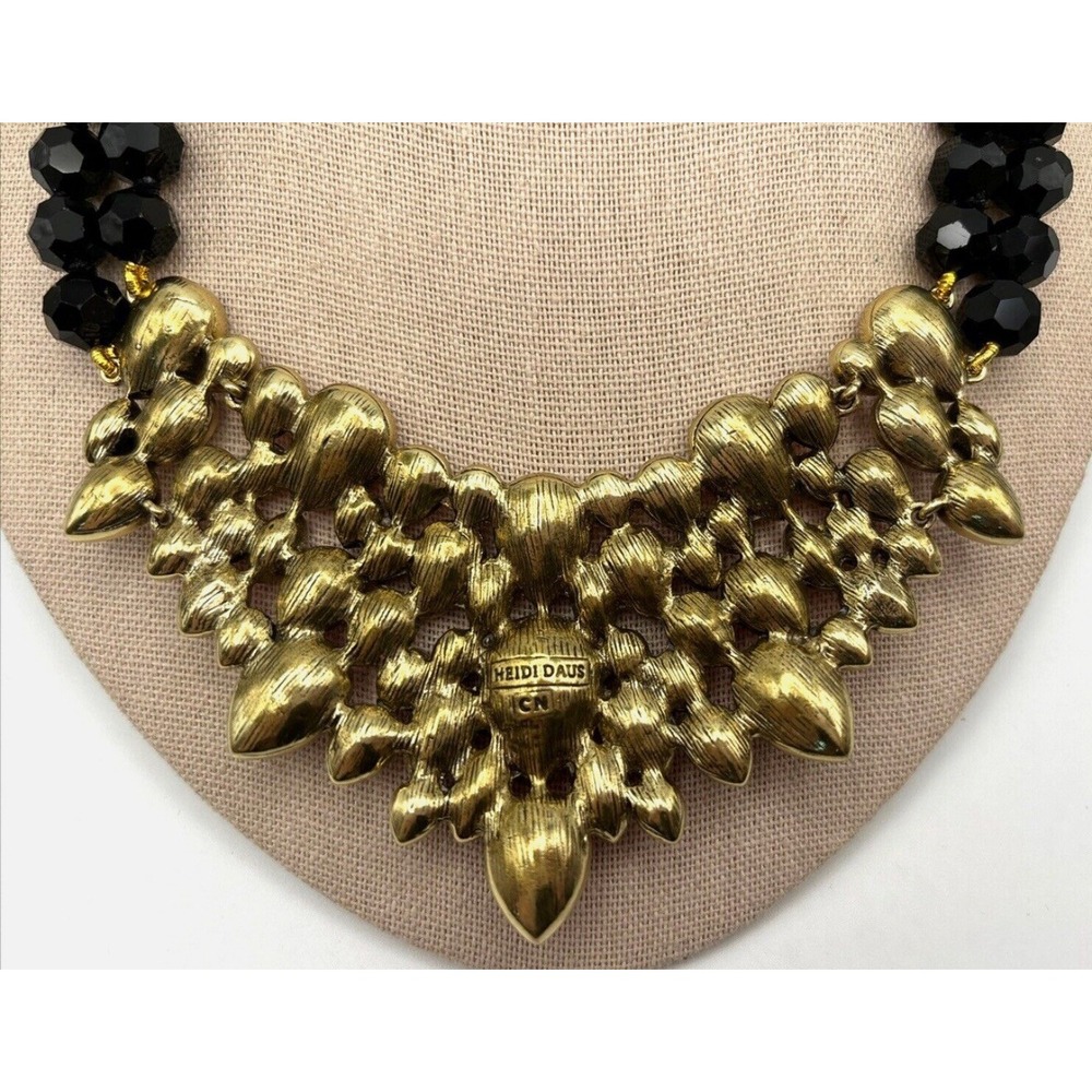 Heidi Daus Red Crystal Bib Statement Necklace Blk Beaded Double Strand Gold Tone - Picture 6 of 6
